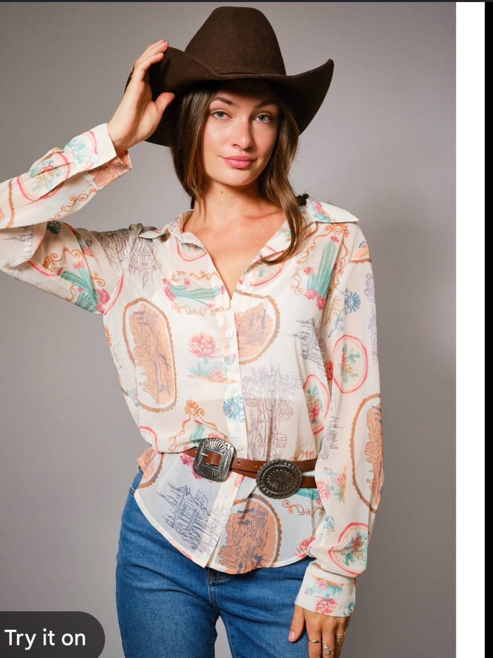 NWT blue b Cream Western-Print Button-Front Blouse with Pink & Mint Accents